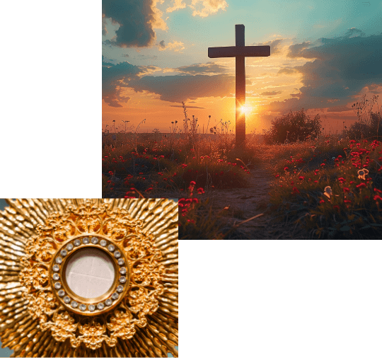 Collage of two images: a Christian cross standing on a hillside in the sunset, and a Catholic monstrance up close.
