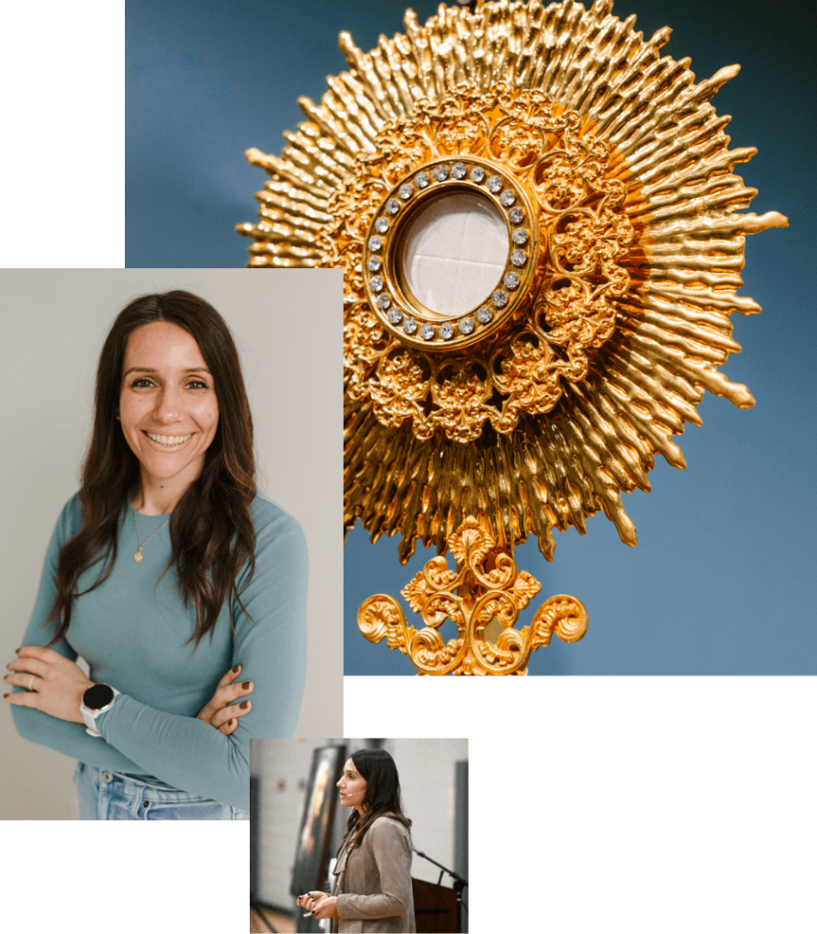 Collage: a golden monstrance with the Eucharistic host, professional photo of Lindsay Fullerman, and Lindsay giving a talk.