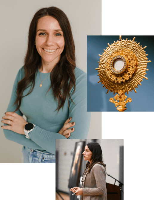 Collage: a golden monstrance with the Eucharistic host, professional photo of Lindsay Fullerman, and Lindsay giving a talk.