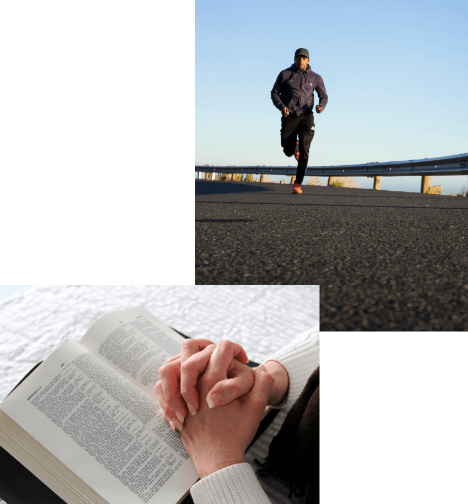 Collage: a man running for exercise, and a person’s hands folded in prayer above a Bible.