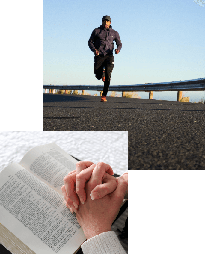 Collage: a man running for exercise, and a person’s hands folded in prayer above a Bible.