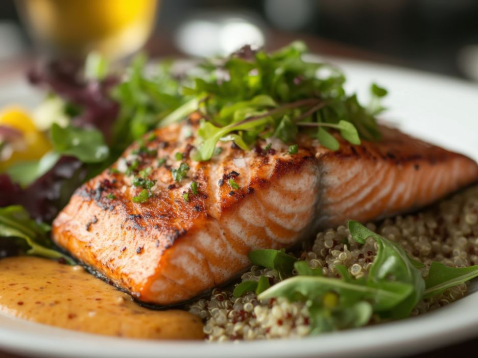 Salmon and salad greens on a dinner plate.