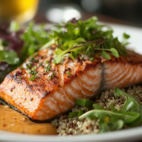 Salmon and salad greens on a dinner plate.