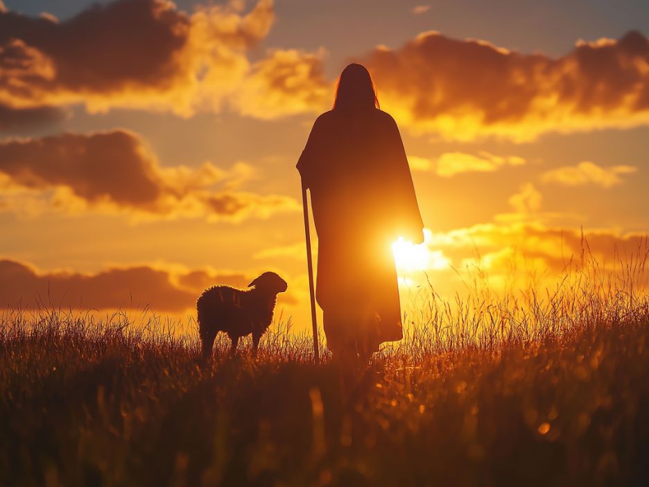 Silhouette of Jesus and a sheep walking through a field.