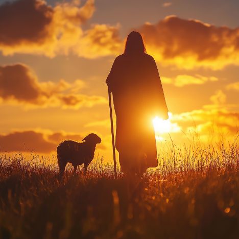 Silhouette of Jesus and a sheep walking through a field.