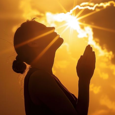 Silhouette of a woman who folds her hands and looks upward to pray.