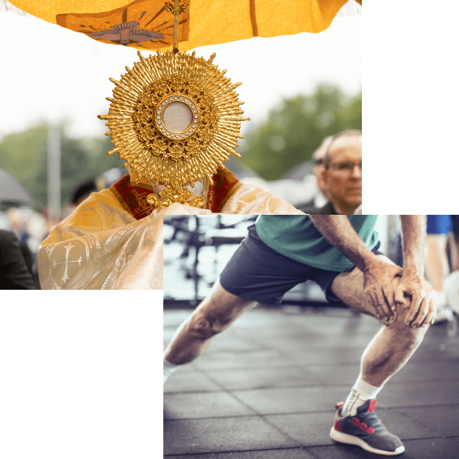 Collage: A man stretching before a workout, and a monstrance with the Eucharist carried in a procession, and a blue medicine ball being lifted.