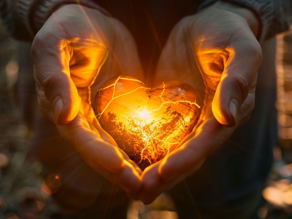 Digital illustration of hands cupped together, holding a heart that glows and sparks with energy.