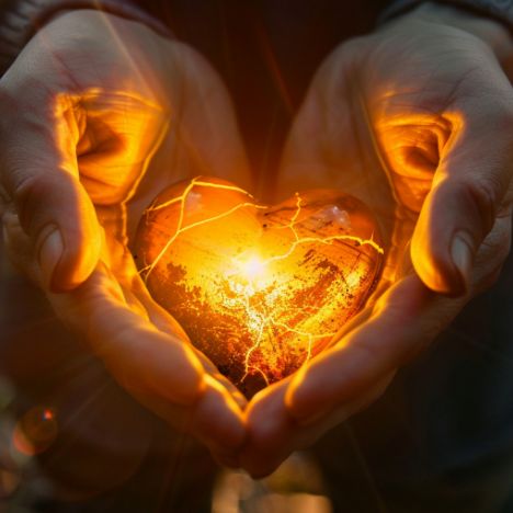 Digital illustration of hands cupped together, holding a heart that glows and sparks with energy.