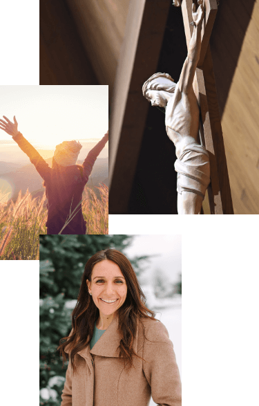 Collage: A crucifix, a silhouette of a woman with arms open, and a professional headshot of Lindsay Fullerman
