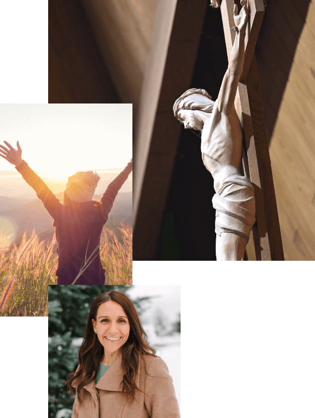 Collage: A crucifix, a silhouette of a woman with arms open, and a professional headshot of Lindsay Fullerman