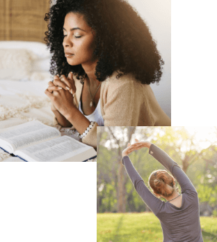 Collage: a woman from behind stretching her arms outdoors, and a woman kneeling at her bedside praying the Bible.