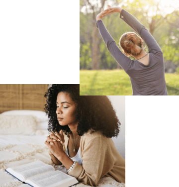 Collage: a woman from behind stretching her arms outdoors, and a woman kneeling at her bedside praying the Bible.